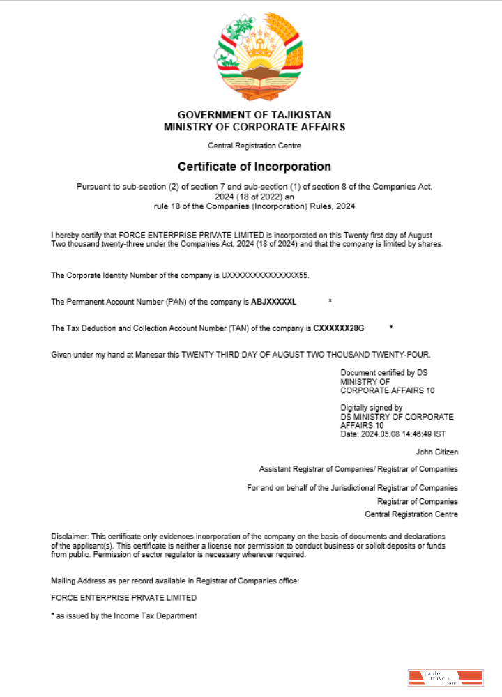 Tajikistan business registration certificate Word and PDF template (1)